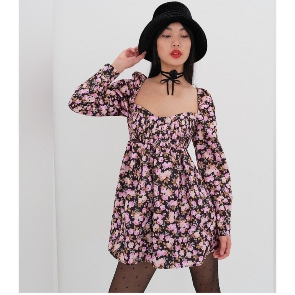 For Love & Lemons Black Pink Floral Open Back‎ Mini Dress XXS (F)